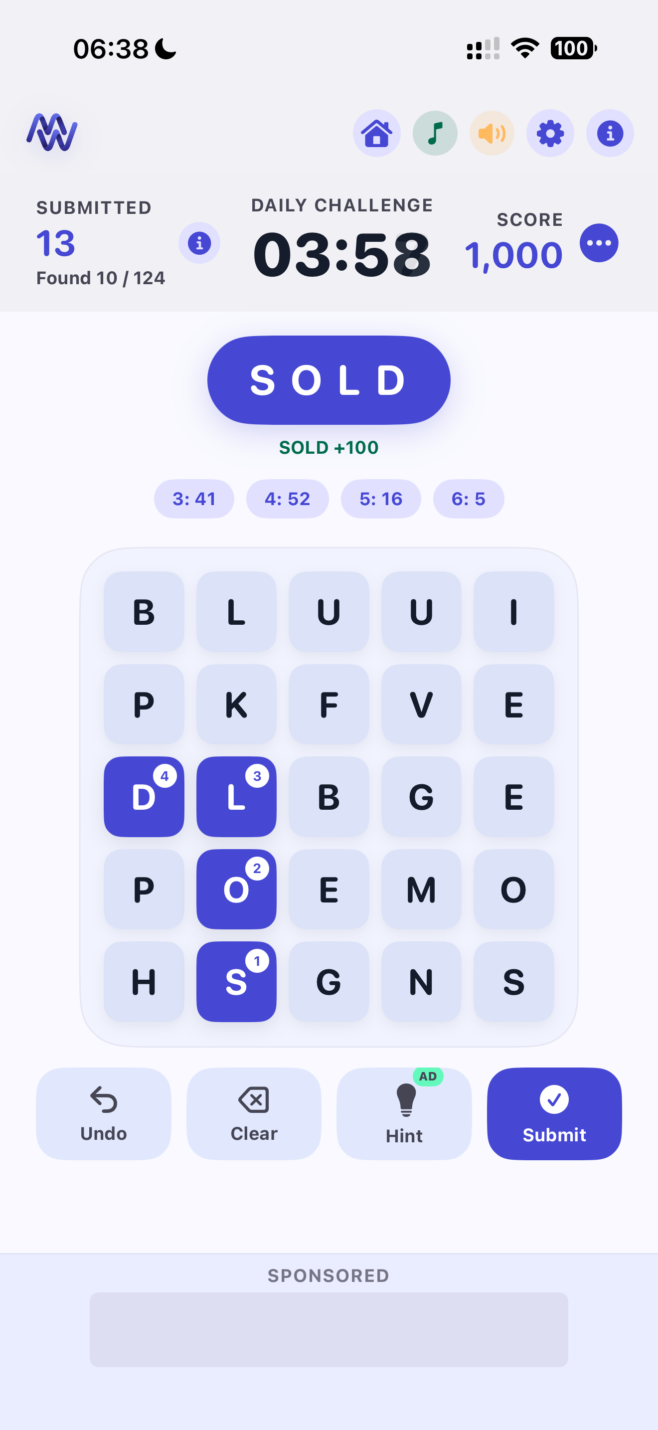 ManyWords gameplay screen showing a letter grid, timer, score, word progress, hint, clear, and submit buttons.