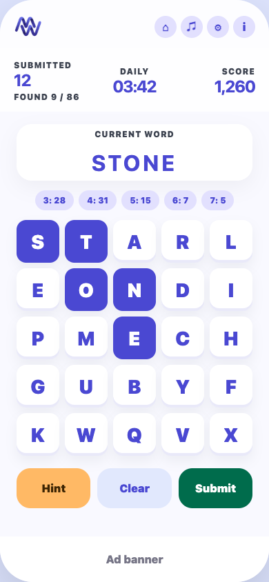 ManyWords gameplay screen showing a letter grid, timer, score, word progress, hint, clear, and submit buttons.