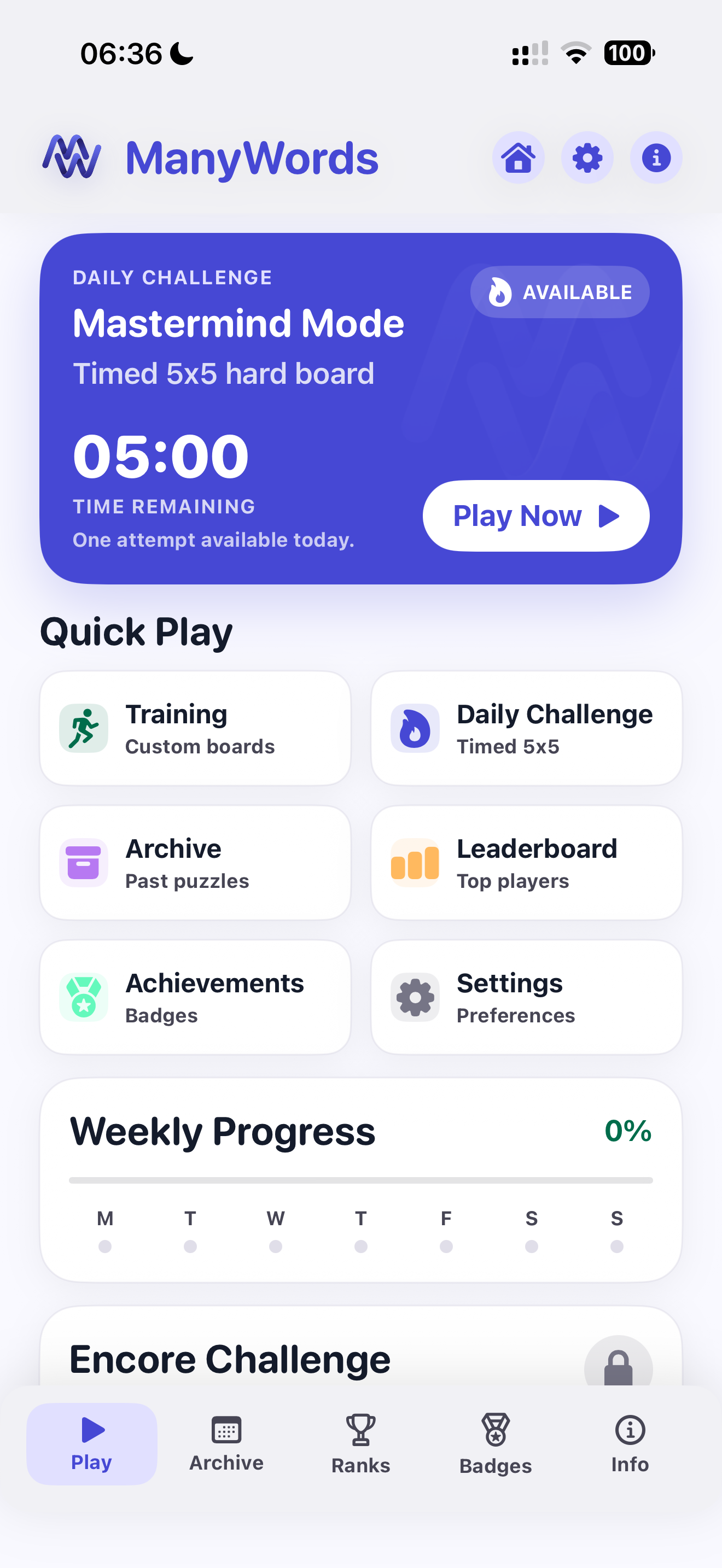 ManyWords home screen showing Daily Challenge, Training, Archive, Leaderboards, Achievements, and Settings.