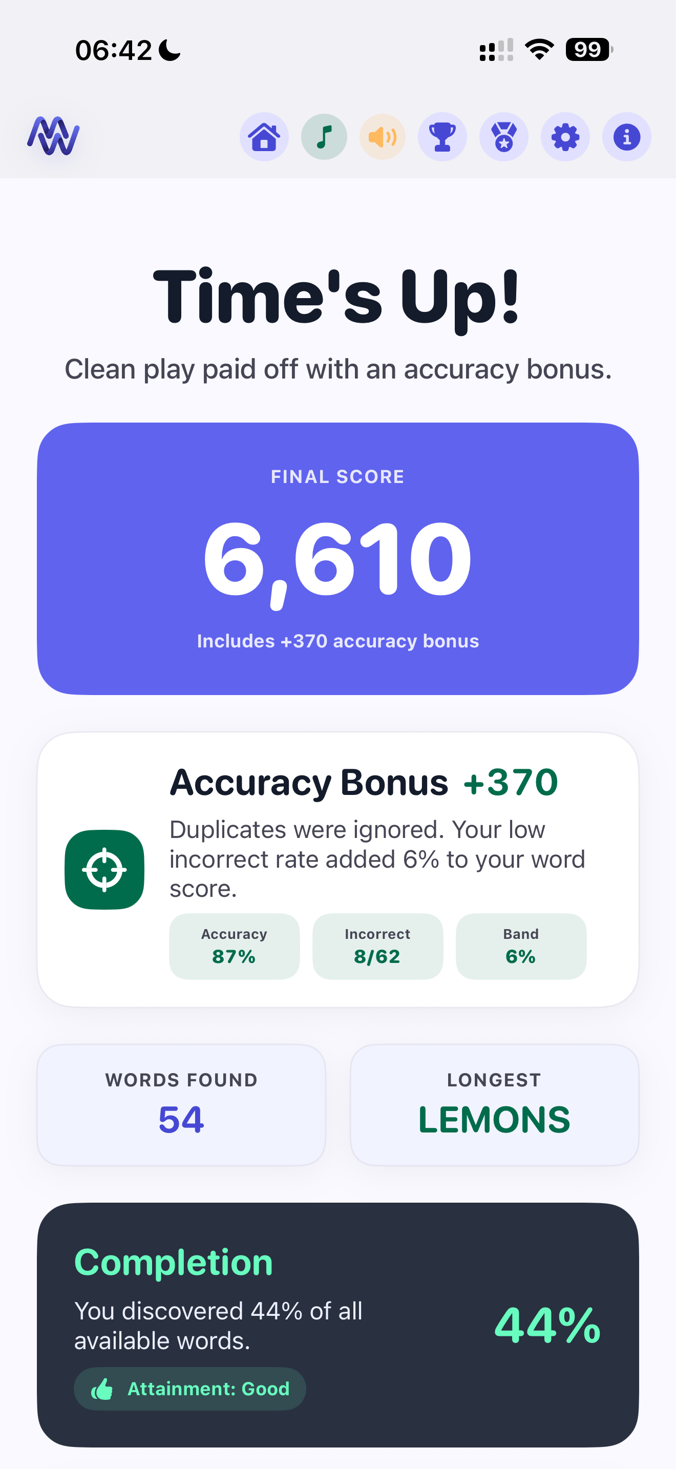 ManyWords results screen showing score, completion, longest word, and replay actions.